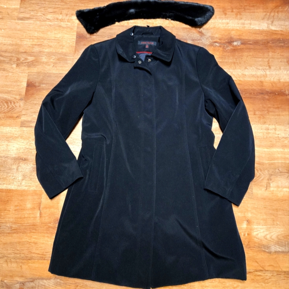 Anne Klein Black Trench Coat with Textured Fabric Fitted Silhouette Large Petite